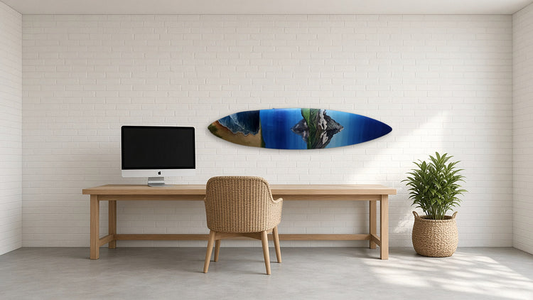 Serene Surfboard by Angie Hickson shown above a long desk in a surf studio