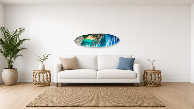 Ursa Surfboard by Angie Hickson shown above a sofa in a coastal living room