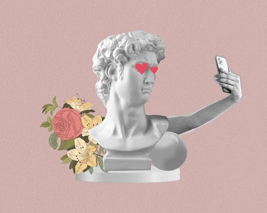 Statue of David wearing sunglasses and looking at smartphone