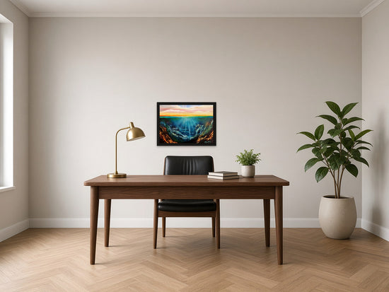 Alchemy by Angie Hickson shown framed in black above the desk in a home office