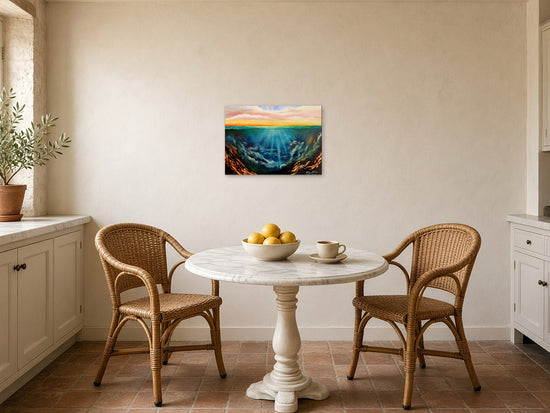 Alchemy by Angie Hickson shown above a bistro table in a kitchen breakfast nook