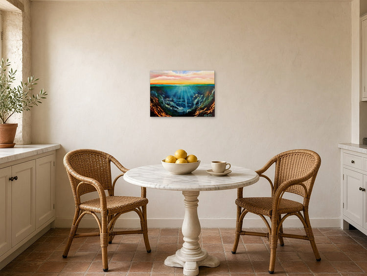 Alchemy by Angie Hickson shown above a bistro table in a kitchen breakfast nook