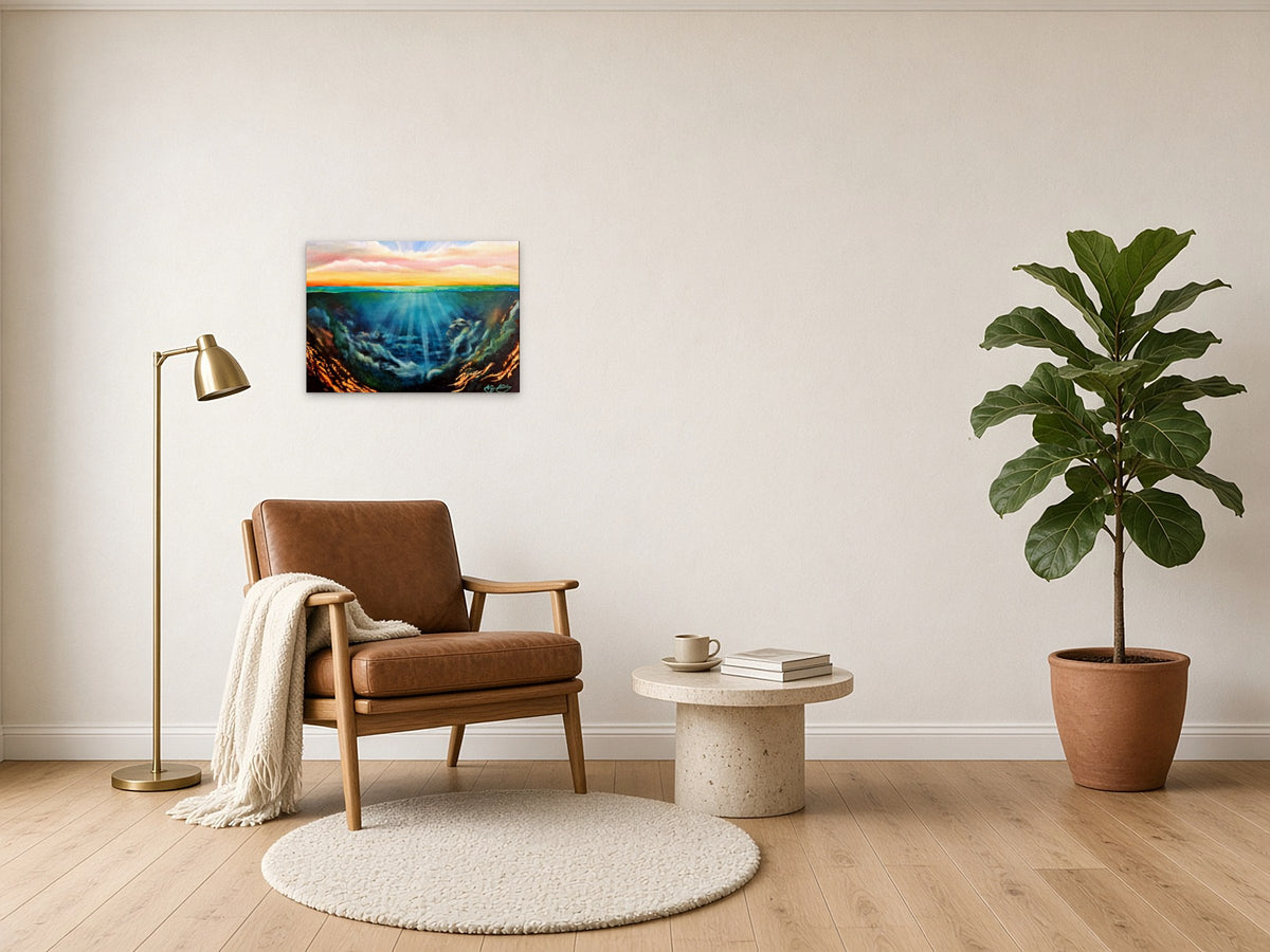 Alchemy by Angie Hickson shown above an armchair in a living room reading corner