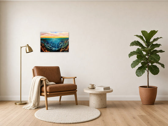 Alchemy by Angie Hickson shown above an armchair in a living room reading corner