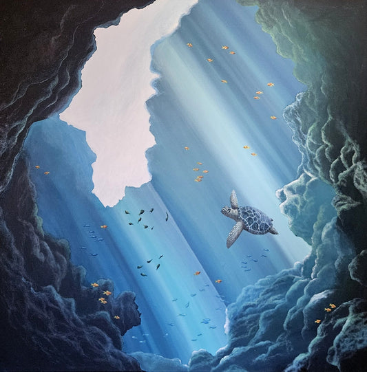 Below the Surface by Angie Hickson – sea turtle in an underwater cave