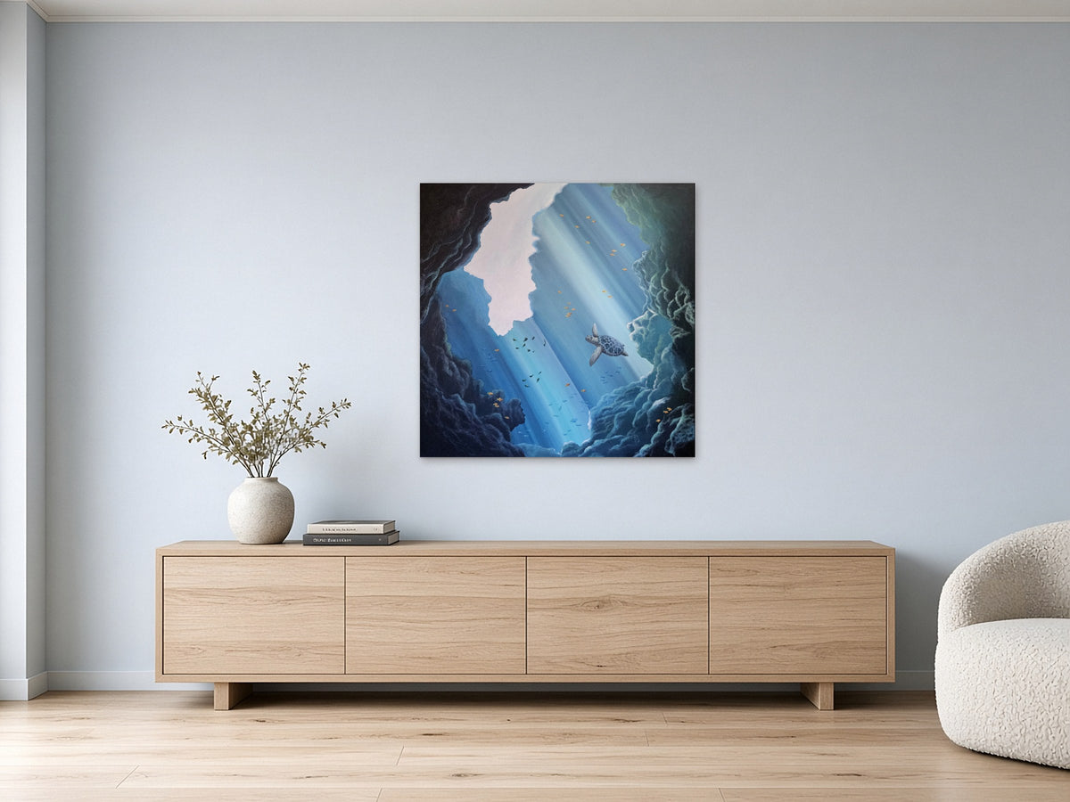 Below the Surface by Angie Hickson shown above a low media unit in a living room