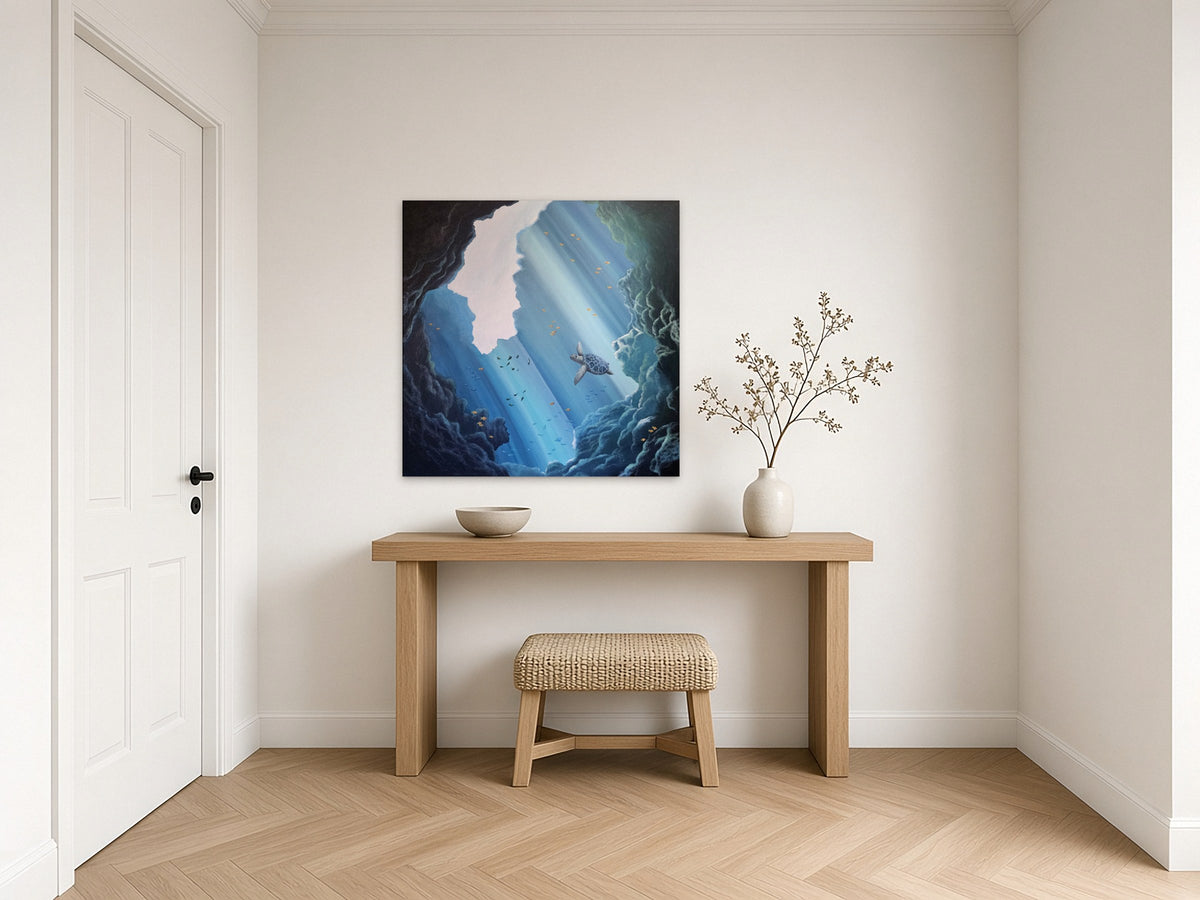Below the Surface by Angie Hickson shown above a console table in an entrance hall