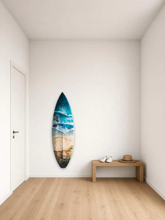 Coast Surfboard by Angie Hickson shown wall-mounted vertically in an entrance hall