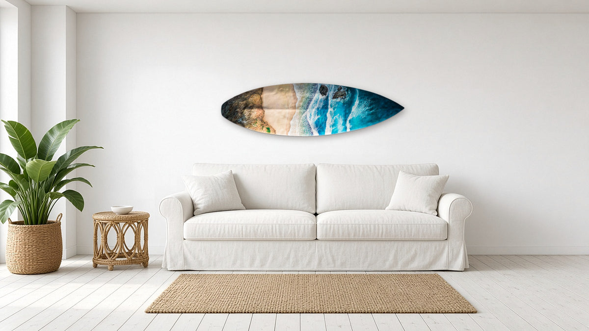 Coast Surfboard by Angie Hickson shown above a sofa in a coastal living room
