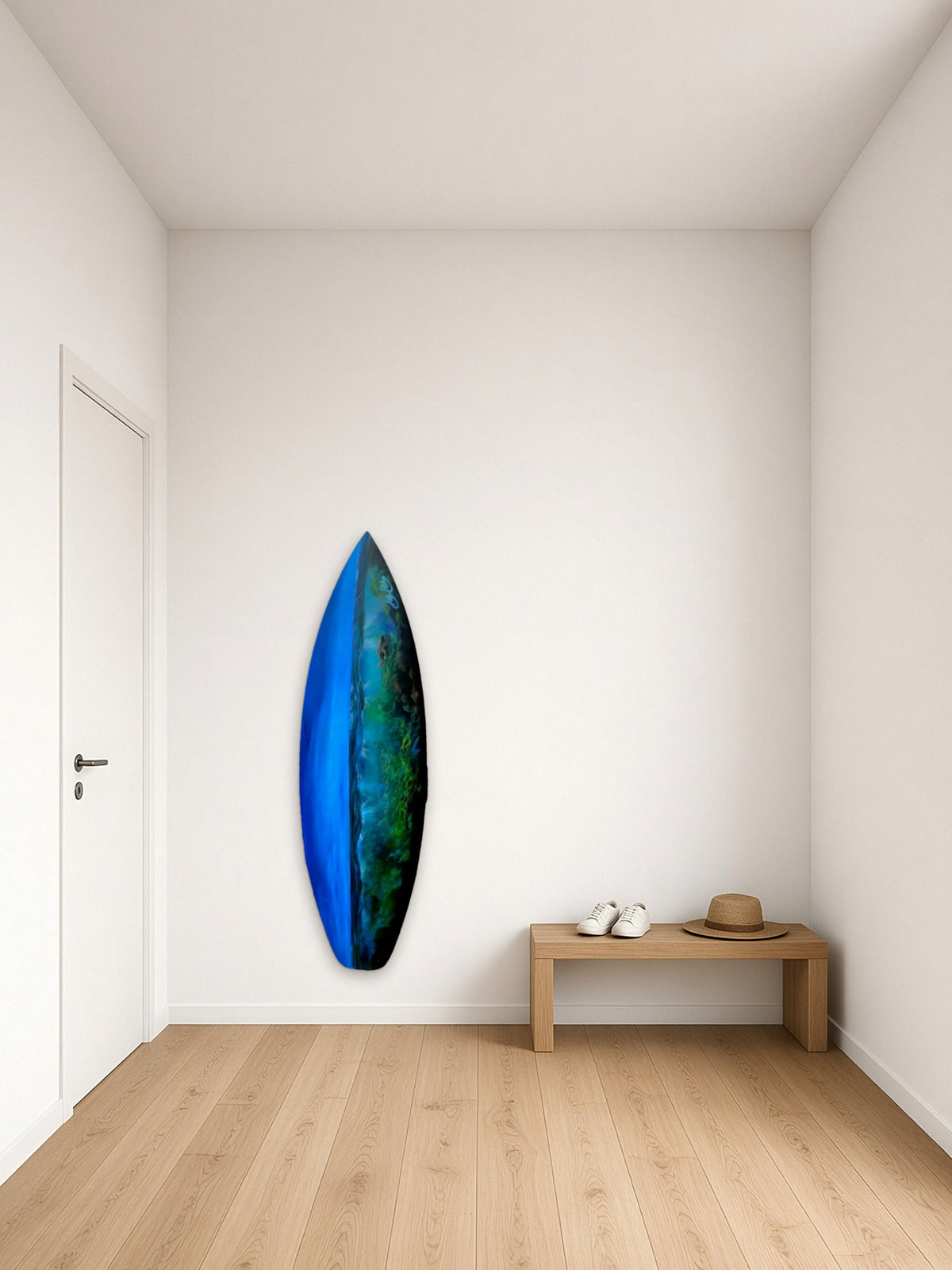 Deep Blue Drift by Angie Hickson shown wall-mounted vertically in an entrance hall