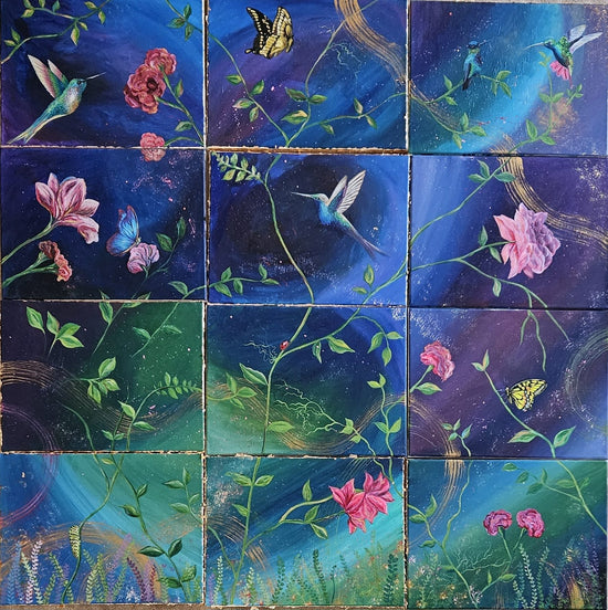 Dreamscape by Angie Hickson – twelve-panel composition with hummingbirds, butterflies and flowers