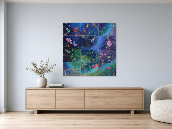 Dreamscape by Angie Hickson shown above a low media unit in a living room