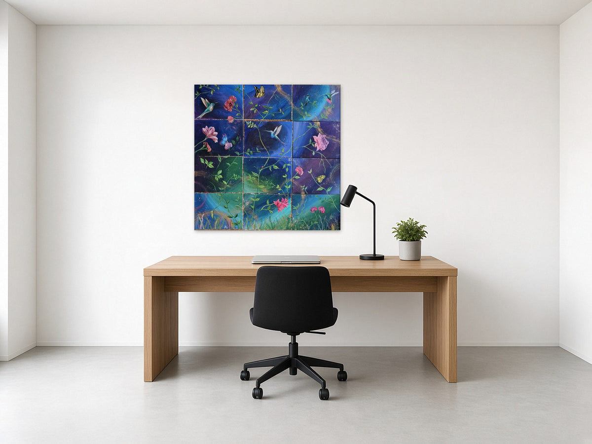 Dreamscape by Angie Hickson shown above the desk in a home office