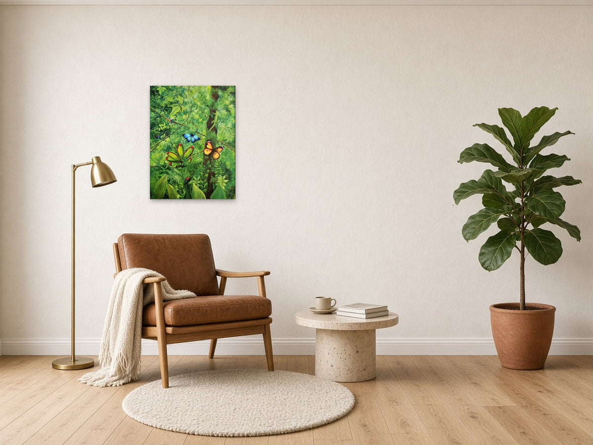 Jungle by Angie Hickson shown above an armchair in a living room reading corner
