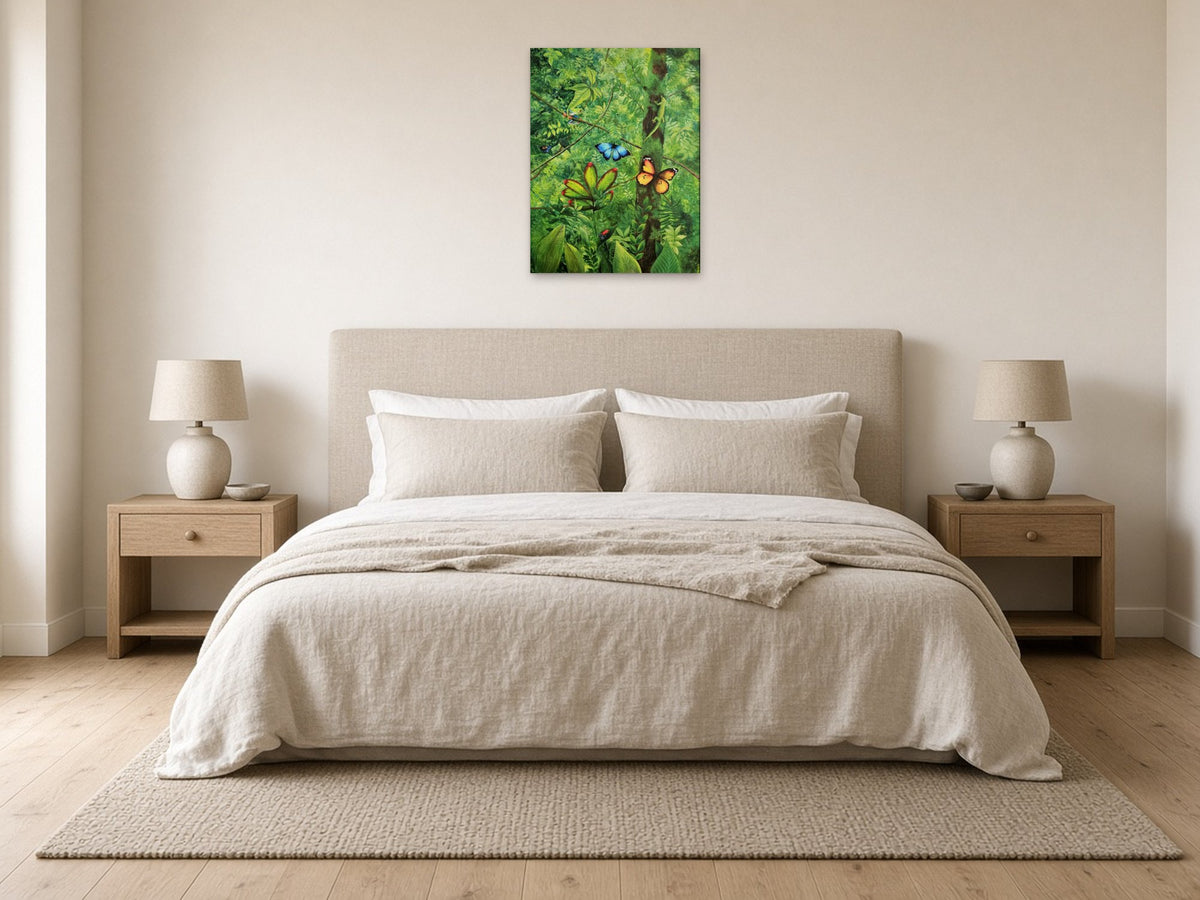 Jungle by Angie Hickson shown above the headboard in a bedroom