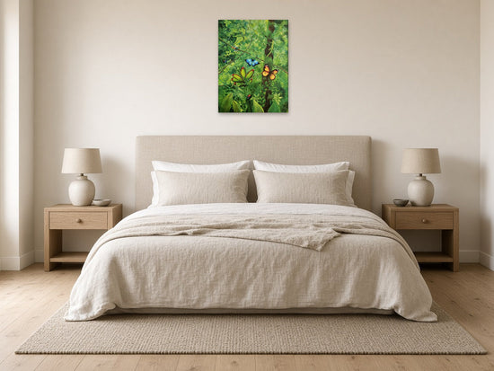 Jungle by Angie Hickson shown above the headboard in a bedroom
