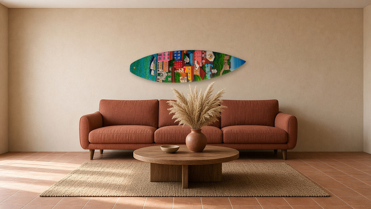 Lisboa by Angie Hickson shown above a sofa in a boho living room