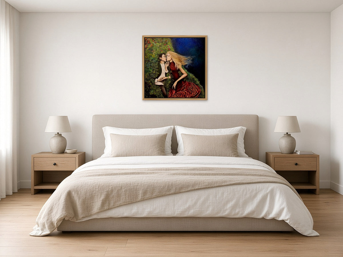 Lost In The Dream by Angie Hickson shown framed in oak above the headboard in a light bedroom