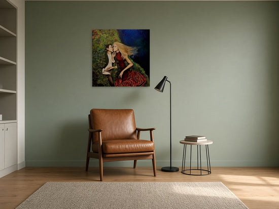 Lost In The Dream by Angie Hickson shown above an armchair in a reading corner with a sage wall