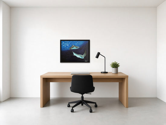 Rays by Angie Hickson shown framed in black above the desk in a home office