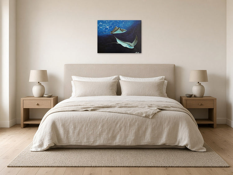 Rays by Angie Hickson shown above the headboard in a bedroom