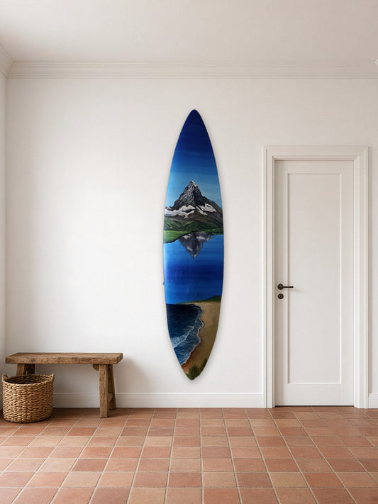 Serene Surfboard by Angie Hickson shown wall-mounted vertically next to the door in an entrance hall