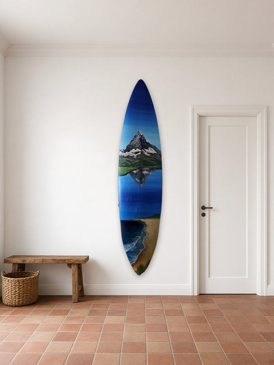 Serene Surfboard by Angie Hickson shown wall-mounted vertically next to the door in an entrance hall