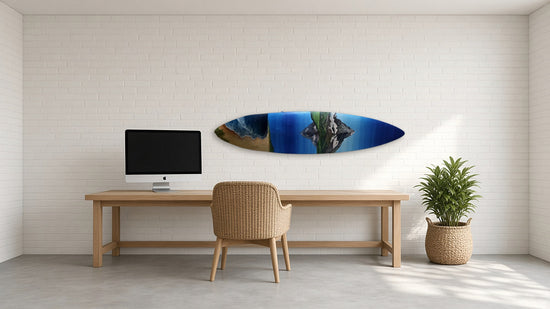 Serene Surfboard by Angie Hickson shown above a long desk in a surf studio