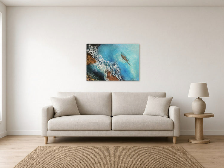 Serene by Angie Hickson shown above a sofa in a living room