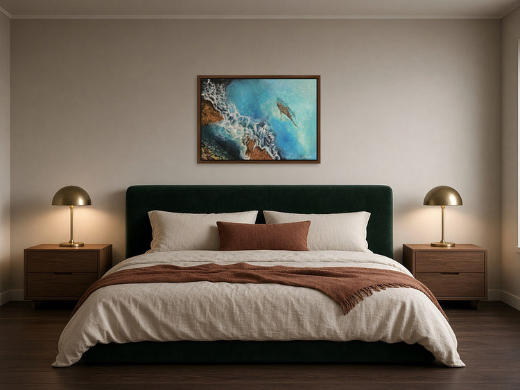 Serene by Angie Hickson shown framed in walnut above the headboard in a dark, moody bedroom