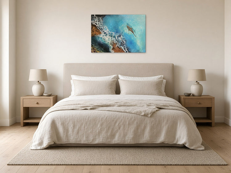 Serene by Angie Hickson shown above the headboard in a bedroom