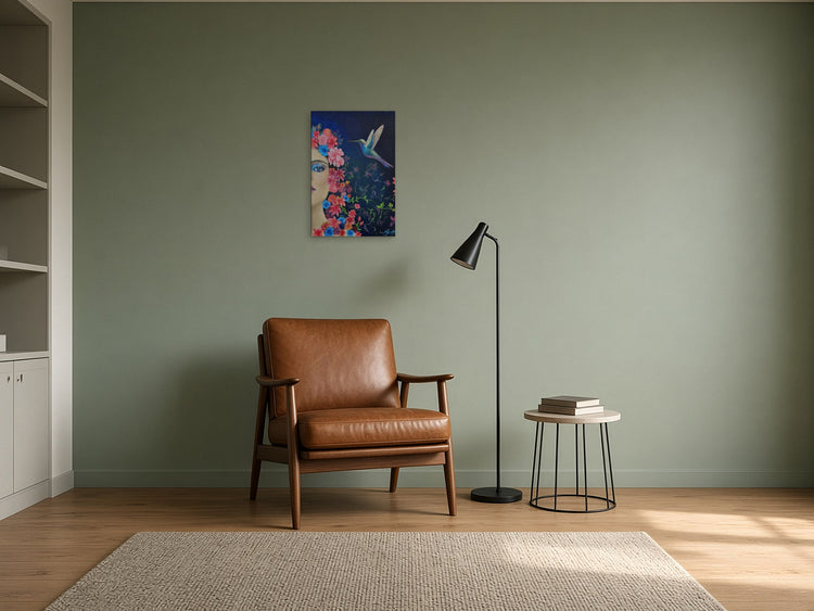 Shine by Angie Hickson shown above an armchair in a reading corner with a sage wall