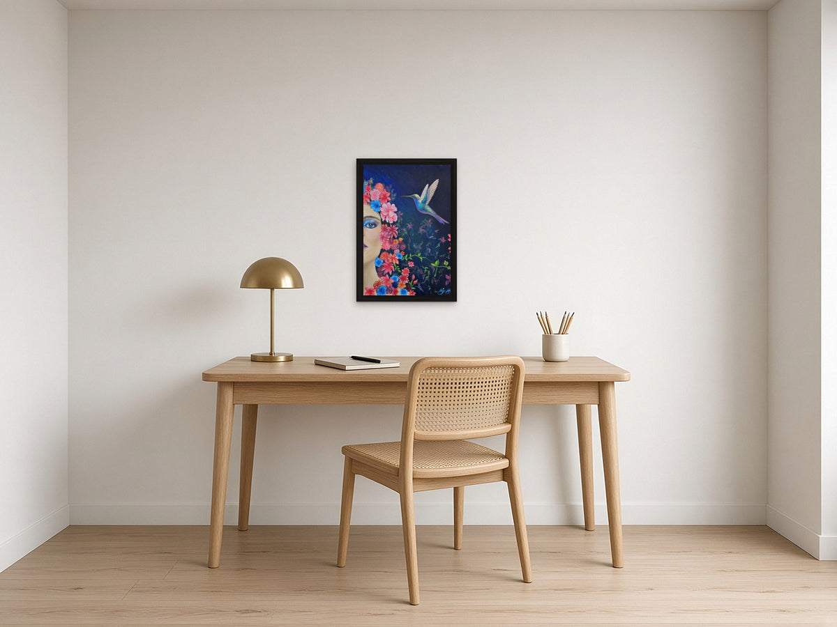 Shine by Angie Hickson shown framed in black above a writing desk in a small study
