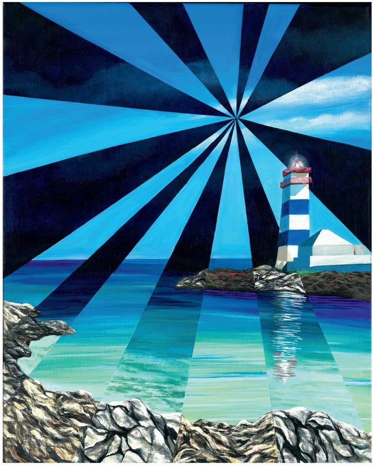 St Marta Lighthouse by Angie Hickson – blue and white lighthouse with radiating light beams