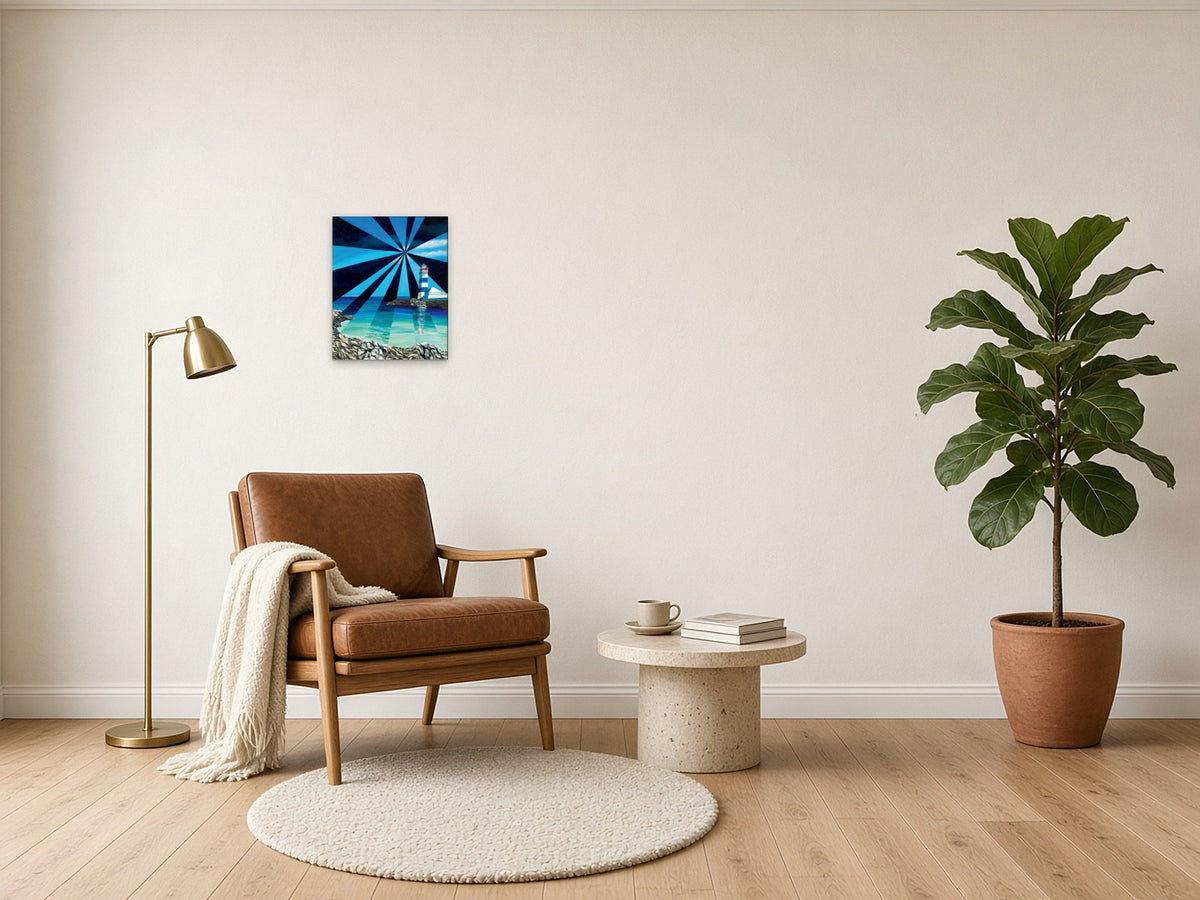 St Marta Lighthouse by Angie Hickson shown above an armchair in a living room reading corner
