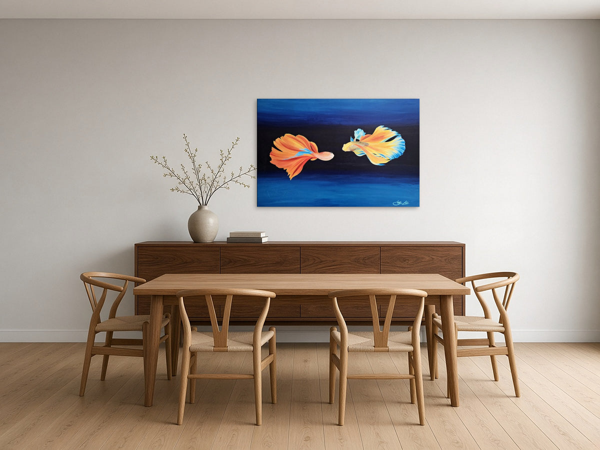 The Dance by Angie Hickson shown above a sideboard in a dining room