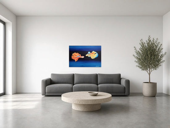 The Dance by Angie Hickson shown above a sofa in a loft living room