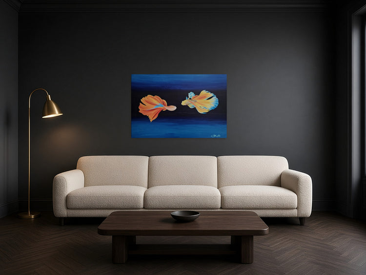 The Dance by Angie Hickson shown above a sofa in a living room with a charcoal wall