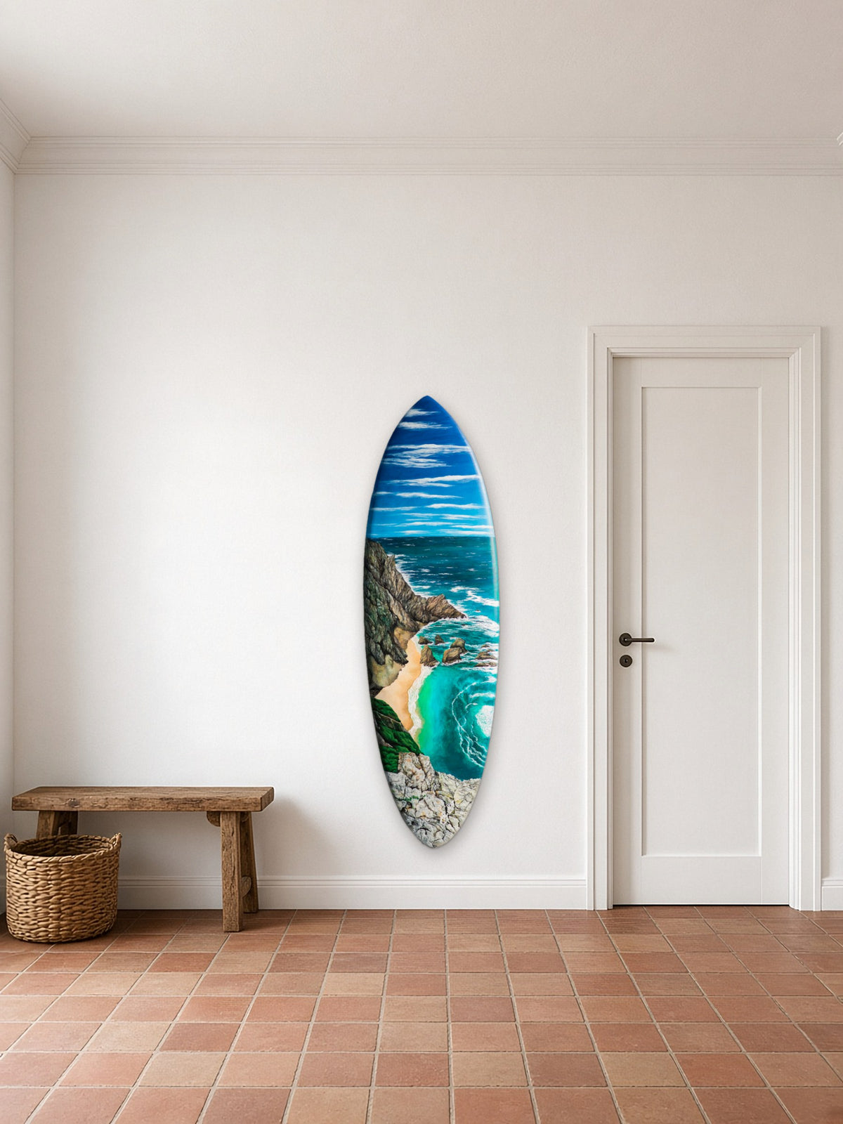 Ursa Surfboard by Angie Hickson shown wall-mounted vertically next to the door in an entrance hall