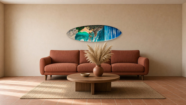 Ursa Surfboard by Angie Hickson shown above a sofa in a boho living room