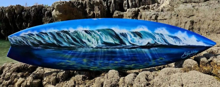 Waves Surfboard by Angie Hickson – hand-painted surfboard with a breaking wave