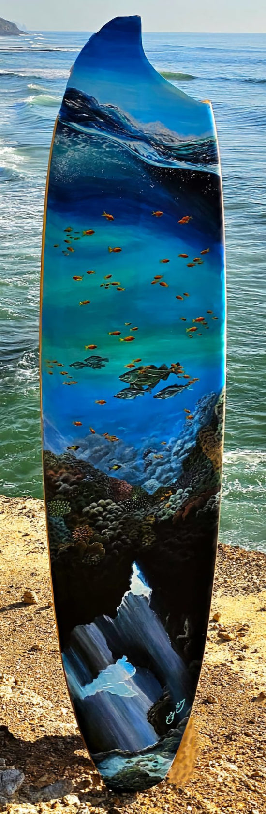Wonder Surfboard by Angie Hickson – hand-painted surfboard with an underwater reef scene
