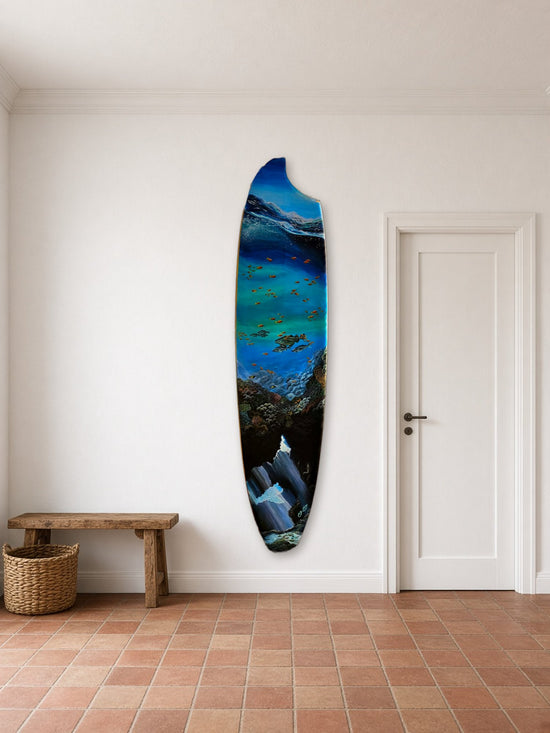Wonder Surfboard by Angie Hickson shown wall-mounted vertically next to the door in an entrance hall