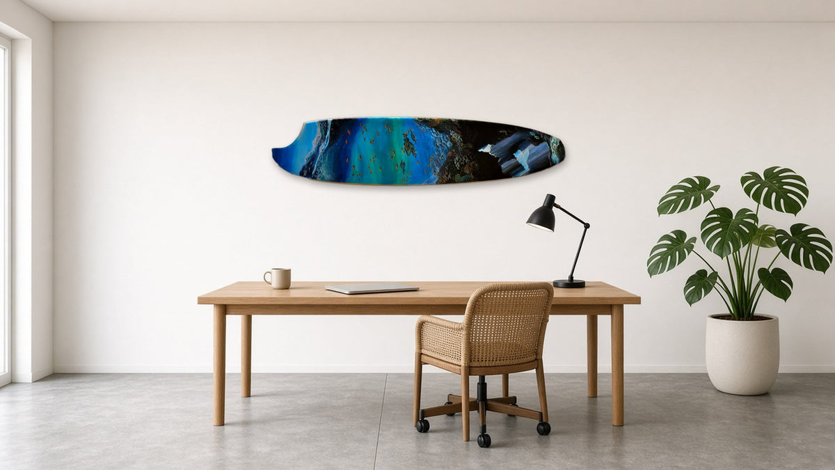 Wonder Surfboard by Angie Hickson shown above the desk in a home office